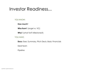 Investor Readiness...
YOU KNOW:
How much?
Who from? (angel vs. VC)
Why? (what for? Milestones?)
YOU HAVE:
Docs: Exec Summary, Pitch Deck, Basic Financials
Deal team
Pipeline
SurePath Capital Partners Inc.
 