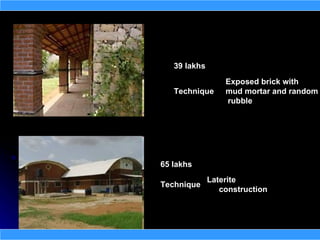 39 lakhs
                  Exposed brick with
   Technique      mud mortar and random
                  rubble




65 lakhs
              Laterite
Technique
                 construction
 