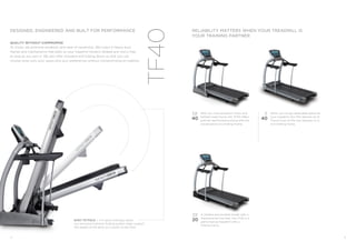 14 15 
DESIGNED, ENGINEERED AND BUILT FOR PERFORMANCE 
EASY TO FOLD | For quick and easy setup, 
our exclusive hydraulic folding system helps support 
the weight of the deck as it lowers to the floor. 
QUALITY WITHOUT COMPROMISE 
At Vision, we prioritize durability and ease of ownership. We invest in heavy-duty 
frames and maintenance-free belts so your treadmill remains reliable and worry-free 
as long as you own it. We also offer standard and folding decks so that you can 
choose what suits your space and your preferences without compromising on stability. 
TF40 
RELIABILITY MATTERS WHEN YOUR TREADMILL IS 
YOUR TRAINING PARTNER 
A reliable and durable model with a 
maintenance-free belt, the TF20 is a 
performance treadmill with a 
folding frame. 
TF 
20 
40 40 
TF With our most powerful motor and T 
heftiest steel frame, the TF40 offers 
premier performance along with the 
convenience of a folding frame. 
When you’ve got dedicated space for 
your treadmill, the T40 delivers all of 
Vision’s top-of-the-line features on a 
non-folding frame. 
 