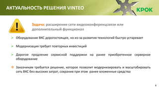 4
АКТУАЛЬНОСТЬ РЕШЕНИЯ VINTEO
Задача: расширение сети видеоконференцсвязи или
дополнительный функционал
 Оборудование ВКС дорогостоящее, но из-за развития технологий быстро устаревает
 Модернизация требует повторных инвестиций
 Дорогое продление сервисной поддержки на ранее приобретенное серверное
оборудование
 Заказчикам требуется решение, которое позволит модернизировать и масштабировать
сеть ВКС без высоких затрат, сохранив при этом ранее вложенные средства
 