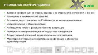 9
УПРАВЛЕНИЕ КОНФЕРЕНЦИЯМИ
 Дозвон в конференции со стороны сервера и со стороны абонента (dial-in и dial-out)
 Расписание и автоматический сбор ВКС
 Различные видео раскладки, до 25 абонентов на экране одновременно
 Индивидуальные и общие раскладки
 Активация по голосу и фиксация абонента в раскладке
 Функционал лектора и функционал модератора конференции
 Автоматический повторный вызов отключившегося участника
 Мониторинг и управление параметрами конференций и абонентов
администратором
 