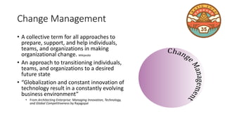 Change Management
• A collective term for all approaches to
prepare, support, and help individuals,
teams, and organizations in making
organizational change. Wikipedia
• An approach to transitioning individuals,
teams, and organizations to a desired
future state
• “Globalization and constant innovation of
technology result in a constantly evolving
business environment”
• From Architecting Enterprise: Managing Innovation, Technology,
and Global Competitiveness by Rajagopal
 