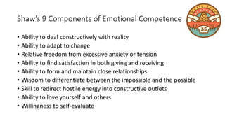 Shaw’s 9 Components of Emotional Competence
• Ability to deal constructively with reality
• Ability to adapt to change
• Relative freedom from excessive anxiety or tension
• Ability to find satisfaction in both giving and receiving
• Ability to form and maintain close relationships
• Wisdom to differentiate between the impossible and the possible
• Skill to redirect hostile energy into constructive outlets
• Ability to love yourself and others
• Willingness to self-evaluate
 