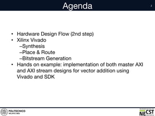 Agenda
• Hardware Design Flow (2nd step)
• Xilinx Vivado
–Synthesis
–Place & Route
–Bitstream Generation
• Hands on example: implementation of both master AXI
and AXI stream designs for vector addition using
Vivado and SDK
 