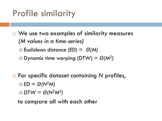 Profile similarity
 We use two examples of similarity measures
(M values in a time-series)
 Euclidean distance (ED) = Θ(M)
 Dynamic time warping (DTW) = Θ(M2)
 For specific dataset containing N profiles,
 ED = Θ(N2M)
 DTW = Θ(N2M2)
to compare all with each other
 