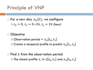 Principle of VNP
 For a new day 𝑥 𝑛(𝑡), we configure
 𝑡0 = 0, 𝑡1 = 0~24, 𝑡2 = 24 (hour)
 Objective
 Observation period = 𝑥 𝑛 𝑡0, 𝑡1
 Create a temporal profile to predict 𝑥 𝑛 𝑡1, 𝑡2
 Find 𝑥 from the observation period
 The closest profile 𝑥, in 𝑥 𝑡0, 𝑡1 and 𝑥 𝑛 𝑡0, 𝑡1
 