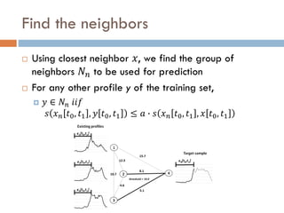 Find the neighbors
 Using closest neighbor 𝑥, we find the group of
neighbors 𝑁 𝑛 to be used for prediction
 For any other profile y of the training set,
 𝑦 ∈ 𝑁𝑛 𝑖𝑖𝑓
𝑠 𝑥 𝑛 𝑡0, 𝑡1 , 𝑦 𝑡0, 𝑡1 ≤ 𝑎 ∙ 𝑠 𝑥 𝑛 𝑡0, 𝑡1 , 𝑥 𝑡0, 𝑡1
 