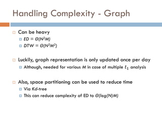 Handling Complexity - Graph
 Can be heavy
 ED = Θ(N2M)
 DTW = Θ(N2M2)
 Luckily, graph representation is only updated once per day
 Although, needed for various M in case of multiple 𝑡1 analysis
 Also, space partitioning can be used to reduce time
 Via Kd-tree
 This can reduce complexity of ED to Θ(log(N)M)
 