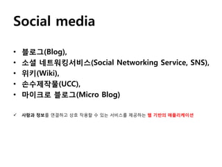 Social media

•   블로그(Blog),
•   소셜 네트워킹서비스(Social Networking Service, SNS),
•   위키(Wiki),
•   손수제작물(UCC),
•   마이크로 블로그(Micro Blog)

   사람과 정보를 연결하고 상호 작용핛 수 있는 서비스를 제공하는 웹 기반의 애플리케이션
 