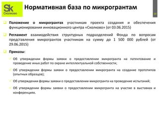 10
Нормативная база по микрогрантам
 Положение о микрогрантах участникам проекта создания и обеспечения
функционирования инновационного центра «Сколково» (от 03.06.2015)
 Регламент взаимодействия структурных подразделений Фонда по вопросам
представления микрогрантов участникам на сумму до 1 500 000 рублей (от
29.06.2015)
 Приказы:
 Об утверждении формы заявки о предоставлении микрогранта на патентование и
проведение иных работ по охране интеллектуальной собственности;
 Об утверждении формы заявки о предоставлении микрогранта на создание прототипов
(опытных образцов);
 Об утверждении формы заявки о предоставлении микрогранта на проведение испытаний;
 Об утверждении формы заявки о предоставлении микрогранта на участие в выставках и
конференциях.
 