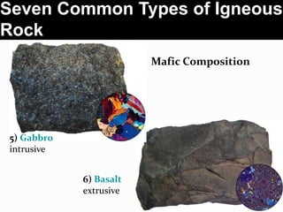 Seven Common Types of Igneous
Rock
Mafic Composition
5) Gabbro
intrusive
6) Basalt
extrusive
 