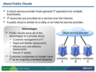 2-21 
© 2013 VMware Inc. All rights reserved 
VMware vSphere: Install, Configure, Manage 
Advantages 
A cloud service provider hosts general IT operations for multiple businesses. 
IT resources are provided as a service over the Internet. 
A public cloud is similar to a utility or an Internet service provider. 
About Public Clouds 
company A 
company B 
cloud service provider 
company C 
Public clouds have all of the advantages of a private cloud: 
•Customer management of IT 
•Rapid and flexible deployments 
•Efficient and cost-effective deployments 
•Secure IT assets 
Customer companies no longer have IT as an ongoing overhead expense.  