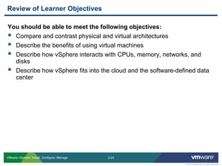 2-24 
© 2013 VMware Inc. All rights reserved 
VMware vSphere: Install, Configure, Manage 
You should be able to meet the following objectives: 
Compare and contrast physical and virtual architectures 
Describe the benefits of using virtual machines 
Describe how vSphere interacts with CPUs, memory, networks, and disks 
Describe how vSphere fits into the cloud and the software-defined data center 
Review of Learner Objectives  