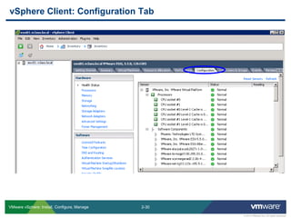 2-30 
© 2013 VMware Inc. All rights reserved 
VMware vSphere: Install, Configure, Manage 
vSphere Client: Configuration Tab  