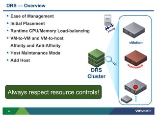 4646
DRS — Overview
DRS
Cluster
vMotion
 Ease of Management
 Initial Placement
 Runtime CPU/Memory Load-balancing
 VM-to-VM and VM-to-host
Affinity and Anti-Affinity
 Host Maintenance Mode
 Add Host
•••
Always respect resource controls!
 