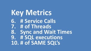 Key Metrics
6. # Service Calls
7. # of Threads
8. Sync and Wait Times
9. # SQL executions
10. # of SAME SQL’s
 