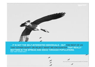 …IT IS NOT THE SELF-INTERESTED INDIVIDUALS – BUT THE REST OF US
THAT EITHER ADAPT OR REJECT WHAT WE ENCOUNTER THAT REALLY
MATTERS IN THE SPREAD AND IDEAS THROUGH POPULATIONS.
READ “HERD” BY MARK EARLS!
http://www.flickr.com/photos/deniscollette/1817034358/
 