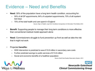 Evidence – Need and Benefits
• Need: 30% of the population have a long term health condition, accounting for:
– 50% of all GP appointments; 64% of outpatient appointments; 70% of all inpatient
bed days
– 70% of the total health and care spend in England
Source: Dept. of Health, Long Term Conditions Compendium of Information Third Edition 2012
• Benefit: Supporting people to manage their long term conditions is more effective
than conventional medical model approach alone
• Need: Commissioners struggle to fund prevention up front as well as take the risk
that it might not work
• Projected benefits:
– WtW intervention is predicted to save £10.8 million in secondary care costs
– Further predicted savings to public services of £13.6 million
– Social and economic benefits of a healthier population
Source: North East Quality Observatory System, 2013
 