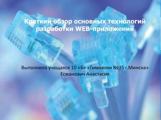 Краткий обзор основных технологий
разработки WEB-приложений
Выполнила учащаяся 10 «Б» «Гимназии №35 г.Минска»
Есманович Анастасия
 