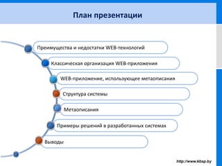 Метаописания
Структура системы
WEB-приложение, использующее метаописания
Классическая организация WEB-приложения
Преимущества и недостатки WEB-технологий
План презентации
Примеры решений в разработанных системах
Выводы
 