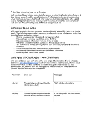 3. IaaS or Infrastructure as a Service
IaaS consists of basic building blocks that offer access to networking functionalities, features &
data storage space. It enables users to outsource IT infrastructures like servers, processing,
virtual machines, storage, networking & other resources. IaaS applications also offer a good
level of management control and flexibility over IT resources. Some of the best examples of
IaaS apps are Amazon WorkSpaces, IBM Cloud, Google Cloud, etc.
Benefits of Cloud Apps
Web based application in cloud computing boost productivity, accessibility, security, and data
safety. They help businesses make the process of collaboration more effective and easier. Key
benefits of cloud applications include:
• Minimal service provider interaction & management effort
• Provides large computing capabilities, online & offline
• Provides access to information from any device or place
• Offers fast access to important applications through cloud servers
• The performance of the availability of cloud apps enhances profitability & streamlines
workflows
• Serves multiple consumers with virtual and physical needs
• Provides high transparency to resource providers & consumers
• Offers improved collaboration options
Web Apps Vs Cloud Apps – Key Differences
Web apps and cloud apps both come with a wide range of functionalities & have noticeable
distinctions. Web-based applications usually are accessible via web browsers, whereas cloud
app’s infrastructure and data aren’t only accessible through the web browser but also
downloadable. So, all cloud apps are web apps with additional features. Other differences
between web and cloud apps are listed below.
Parameters Cloud apps Web apps
Internet Work partially or entirely without the
internet connectivity
Work with the internet only
Security Ensures high security measures for
sensitive & confidential information
It can verify client info on authentic
servers
 