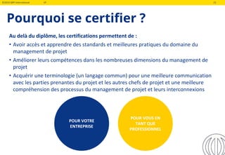 ©2019 QRP International VF 23
Pourquoi se certifier ?
Au delà du diplôme, les certifications permettent de :
• Avoir accès et apprendre des standards et meilleures pratiques du domaine du
management de projet
• Améliorer leurs compétences dans les nombreuses dimensions du management de
projet
• Acquérir une terminologie (un langage commun) pour une meilleure communication
avec les parties prenantes du projet et les autres chefs de projet et une meilleure
compréhension des processus du management de projet et leurs interconnexions
POUR VOTRE
ENTREPRISE
POUR VOUS EN
TANT QUE
PROFESSIONNEL
 