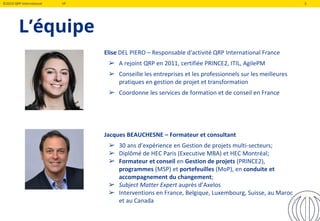 ©2019 QRP International VF 3
Elise DEL PIERO – Responsable d'activité QRP International France
➢ A rejoint QRP en 2011, certifiée PRINCE2, ITIL, AgilePM
➢ Conseille les entreprises et les professionnels sur les meilleures
pratiques en gestion de projet et transformation
➢ Coordonne les services de formation et de conseil en France
L’équipe
Jacques BEAUCHESNE – Formateur et consultant
➢ 30 ans d’expérience en Gestion de projets multi-secteurs;
➢ Diplômé de HEC Paris (Executive MBA) et HEC Montréal;
➢ Formateur et conseil en Gestion de projets (PRINCE2),
programmes (MSP) et portefeuilles (MoP), en conduite et
accompagnement du changement;
➢ Subject Matter Expert auprès d’Axelos
➢ Interventions en France, Belgique, Luxembourg, Suisse, au Maroc
et au Canada 3
 