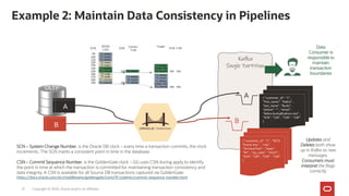 Example 2: Maintain Data Consistency in Pipelines
Copyright © 2020, Oracle and/or its affiliates
SCN – System Change Number, is the Oracle DB clock – every time a transaction commits, the clock
increments. The SCN marks a consistent point in time in the database.
CSN – Commit Sequence Number, is the GoldenGate clock – GG uses CSN during apply to identify
the point in time at which the transaction is committed for maintaining transaction consistency and
data integrity. A CSN is available for all Source DB transactions captured via GoldenGate:
https://docs.oracle.com/en/middleware/goldengate/core/19.1/admin/commit-sequence-number.html
Kafka
Single Partition
A
A { “customer_id": “1" ,
“first_name": “Debra" ,
“last_name": “Burks" ,
“phone": “" , “email":
“debra.burks@yahoo.com" ,
“SCN”: “130” , “CSN” : “130”
}
B
B
{ “customer_id": “1" , “9273
Thome Ave." , “city":
“Orchard Park" , “state":
“NY" , “zip_code": “14127“ ,
“SCN”: “130” , “CSN” : “130”
}
Data
Consumer is
responsible to
maintain
transaction
boundaries
OLTP
Updates and
Deletes both show
up in Kafka as new
messages,
Consumers must
interpret the flags
correctly
21
 