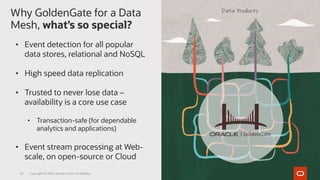 Why GoldenGate for a Data
Mesh, what’s so special?
Copyright © 2020, Oracle and/or its affiliates
• Event detection for all popular
data stores, relational and NoSQL
• High speed data replication
• Trusted to never lose data –
availability is a core use case
• Transaction-safe (for dependable
analytics and applications)
• Event stream processing at Web-
scale, on open-source or Cloud
Data Products
26
 