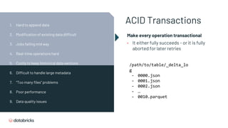 ACID Transactions
Make every operation transactional
• It either fully succeeds - or it is fully
aborted for later retries
/path/to/table/_delta_lo
g
- 0000.json
- 0001.json
- 0002.json
- …
- 0010.parquet
1. Hard to append data
2. Modification of existing data difficult
3. Jobs failing mid way
4. Real-time operations hard
5. Costly to keep historical data versions
6. Difficult to handle large metadata
7. “Too many files” problems
8. Poor performance
9. Data quality issues
 