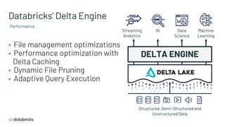 Databricks' Delta Engine
▪ File management optimizations
▪ Performance optimization with
Delta Caching
▪ Dynamic File Pruning
▪ Adaptive Query Execution
DELTA ENGINE
Streaming
Analytics
BI Data
Science
Machine
Learning
Structured, Semi-Structured and
Unstructured Data
Performance
 