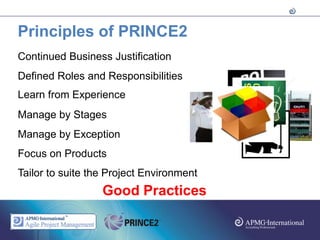 Principles of PRINCE2
Continued Business Justification
Defined Roles and Responsibilities
Learn from Experience
Manage by Stages
Manage by Exception
Focus on Products
Tailor to suite the Project Environment
                  Good Practices
 