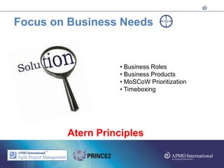 Focus on Business Needs


                   • Business Roles
                   • Business Products
                   • MoSCoW Prioritization
                   • Timeboxing




        Atern Principles
 