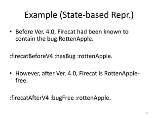 Example (State-based Repr.)
• Before Ver. 4.0, Firecat had been known to
contain the bug RottenApple.
:firecatBeforeV4 :hasBug :rottenApple.
• However, after Ver. 4.0, Firecat is RottenApplefree.
:firecatAfterV4 :bugFree :rottenApple.
11

 