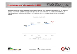 e-bit – todos os direitos reservados
2424
e-bit – todos os direitos reservados
Copywrite e-bit – Todos os Direitos Reservados
24
Expectativas para o fechamento de 2009
Evolução do Tíquete Médio
Fonte: e-bit Informação (www.ebitempresa.com.br)
Analisando-se o tíquete médio (valor médio de uma compra) praticado no 1° semestre do ano, cerca de R$ 323, espera-se
que para o fechamento de 2009 o valor fique estável em R$ 327 com a preferência por produtos eletroeletrônicos, de
informática, telefonia celular, eletrodomésticos e perfumaria que lideram o ranking de categorias mais vendidas pela
internet.
*2009 previsão
 