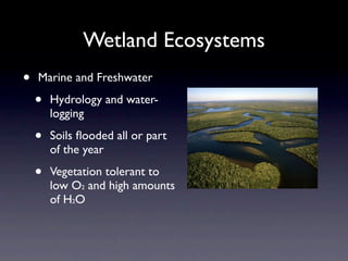 Wetland Ecosystems
•   Marine and Freshwater

    •   Hydrology and water-
        logging

    •   Soils ﬂooded all or part
        of the year

    •   Vegetation tolerant to
        low O2 and high amounts
        of H2O
 