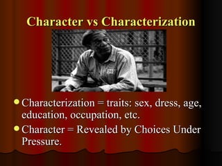 Character vs Characterization




 Characterization = traits: sex, dress, age,
  education, occupation, etc.
 Character = Revealed by Choices Under
  Pressure.
 