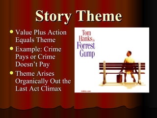 Story Theme
 Value Plus Action
  Equals Theme
 Example: Crime
  Pays or Crime
  Doesn’t Pay
 Theme Arises
  Organically Out the
  Last Act Climax
 