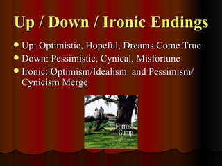 Up / Down / Ironic Endings
 Up: Optimistic, Hopeful, Dreams Come True
 Down: Pessimistic, Cynical, Misfortune
 Ironic: Optimism/Idealism and Pessimism/
  Cynicism Merge
 