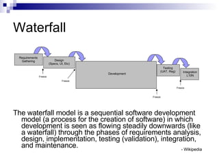 Waterfall The waterfall model is a sequential software development model (a process for the creation of software) in which development is seen as flowing steadily downwards (like a waterfall) through the phases of requirements analysis, design, implementation, testing (validation), integration, and maintenance. Requirements Gathering Design (Specs, UI, Etc) Development Testing (UAT, Reg) Integration L10N Freeze Freeze Freeze Freeze - Wikipedia 