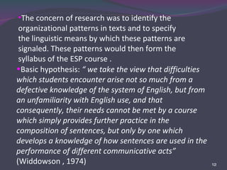 The concern of research was to identify the organizational patterns in texts and to specify the linguistic means by which these patterns are signaled. These patterns would then form the syllabus of the ESP course  . Basic hypothesis:  “ we take the view that difficulties which students encounter arise not so much from a defective knowledge of the system of English, but from an unfamiliarity with English use, and that consequently, their needs cannot be met by a course which simply provides further practice in the composition of sentences, but only by one which develops a knowledge of how sentences are used in the performance of different communicative acts”   (Widdowson , 1974) 