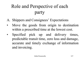 127
Role and Perspective of each
party
A. Shippers and Consignees‟ Expectations
• Move the goods from origin to destination
within a prescribed time at the lowest cost.
• Specified pick up and delivery times,
predictable transit time, zero loss and damage,
accurate and timely exchange of information
and invoicing.
Zubin Poonawalla
 