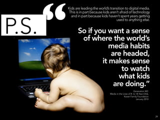 “
           Kids are leading the world’s transition to digital media.
            This is in part because kids aren’t afraid of technology
             and in part because kids haven’t spent years getting



P.S.
                                             used to anything else.


                 So if you want a sense
                  of where the world’s
                            media habits
                            are headed,
                         it makes sense
                               to watch
                               what kids
                             are doing.”
                                                                 Generation M2:
                                        Media in the Lives of 8- to 18-Year-Olds,
                                                      Kaiser Family Foundation
                                                                    January 2010




                                                                                    29
 