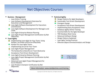 Net Objectives Courses
     Business ‐ Management                                     Technical Agility
      – Lean Online Training                                     – Design Patterns for Agile Developers
      – Lean Software Development Overview for                   – Sustainable Test‐Driven Development
         Executives and Management                               – Emergent Design
      – Lean‐Agile Software Development for Executives           – Acceptance Test‐Driven Development
         and Directors                                           – Implementing Story Acceptance Tests
      – Lean‐Agile Software Development for Managers and         – Database Agility Online Training
         Leads
      – Lean‐Agile Enterprise Release Planning                   – Essential Skills for the Agile Developer
      – Lean‐Agile Project Management Certification by Net       – TDD Database Boot Camp
         Objectives                                              – Advanced Software Design
     Team Agility                                                – Design Patterns Explained
      – Implementing Lean‐Agile for Your Team: Using             – Lean‐Agile Testing Practices
         Kanban, Scrumban and Scrum Effectively                  – Effective Object‐Oriented Analysis and Design
      – Kanban for Lean‐Agile Teams
      – Implementing Scrum for Your Team
      – Lean‐Agile Project Management
      – The Kanban/Scrumban/Scrum Team Bootcamp
      – Acceptance Test‐Driven Development
      – Lean‐Agile Enterprise Release Planning                                   A Top 5 Course
      – Lean‐Agile Project Management Certification by Net                        A  New Course
         Objectives
      – Advanced Lean‐Agile Project Management for 
         Scrum Masters
      – Lean Product champion Certification by Net 
         Objectives
                                   More information: www.netobjectives.com/training
13                                         Copyright © 2010 Net Objectives. All Rights Reserved.         29 September 2010
 