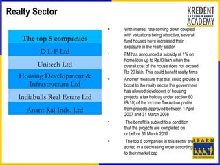 Realty Sector
                                
                                    With interest rate coming down coupled
                                    with valuations being attractive, several
    The top 5 companies             fund houses have increased their
                                    exposure in the realty sector
          D L F Ltd             •   FM has announced a subsidy of 1% on
                                    home loan up to Rs.I0 lakh when the
         Unitech Ltd                overall cost of the house does not exceed
                                    Rs 20 lakh. This could benefit realty firms
   Housing Development &        •   Another measure that that could provide a
     Infrastructure Ltd             boost to the realty sector the government
                                    has allowed developers of housing
   Indiabulls Real Estate Ltd       projects a tax holiday under section 80
                                    IB(10) of the Income Tax Act on profits
      Anant Raj Inds. Ltd           from projects approved between 1 April
                                    2007 and 31 March 2008
                                •    The benefit is subject to a condition
                                    that the projects are completed on
                                    or before 31 March 2012
                                •    The top 5 companies in this sector are
                                    sorted in a decreasing order according
                                    to their market cap
 