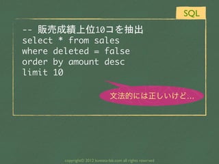 SQL
--	 販売成績上位10コを抽出
select	 *	 from	 sales
where	 deleted	 =	 false
order	 by	 amount	 desc
limit	 10

                                 文法的には正しいけど…




        copyright© 2012 kuwata-lab.com all rights reserved
 