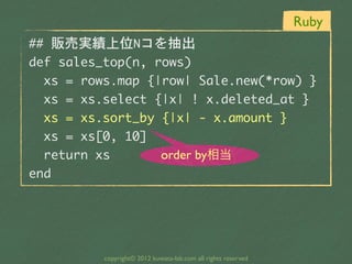 Ruby
##	 販売実績上位Nコを抽出
def	 sales_top(n,	 rows)
	 	 xs	 =	 rows.map	 {|row|	 Sale.new(*row)	 }
	 	 xs	 =	 xs.select	 {|x|	 !	 x.deleted_at	 }
	 	 xs	 =	 xs.sort_by	 {|x|	 -	 x.amount	 }
	 	 xs	 =	 xs[0,	 10]
	 	 return	 xs         order by相当
end




            copyright© 2012 kuwata-lab.com all rights reserved
 