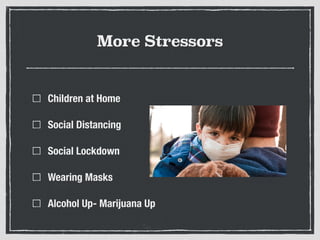 More Stressors
Children at Home
Social Distancing
Social Lockdown
Wearing Masks
Alcohol Up- Marijuana Up
 