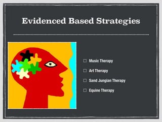 Evidenced Based Strategies
Music Therapy
Art Therapy
Sand Jungian Therapy
Equine Therapy
 