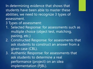 In determining evidence that shows that
students have been able to master these
abilities, we need to recognize 3 types of
assessment.
3 Types of assessment:
1. Selected Response: for assessments such as
multiple choice (object test, matching,
pairing, etc.)
2. Constructed Response: for assessments that
ask students to construct an answer from a
given case (CBL).
3. Authentic Response: for assessments that
ask students to determine a real
performance (project) on an idea
implementation (PjBL).
 